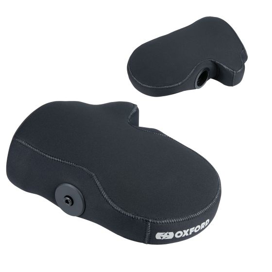 Black neoprene handlebar muffs designed for motorcycle protection, featuring a contoured shape and a secure fastening button, suitable for various bike handlebar sizes.