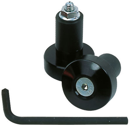 Black Oxford 1 Barend Weights with a cylindrical design, featuring a central screw and a hexagonal socket, accompanied by an L-shaped hex key for installation.