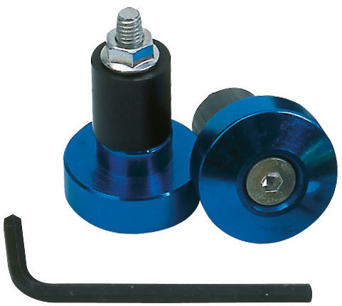Blue anodized aluminum Barend Weights with a black rubber insert, featuring a hex screw on top and an included hex key for installation.