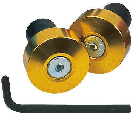Gold aluminium motorcycle bar ends with a circular design, featuring a central screw and a black rubber insert, accompanied by a hex key for installation.