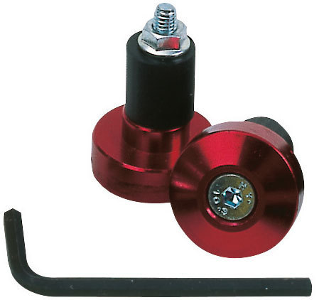 Red anodized aluminum Barend Weights with a black rubber insert, featuring a central screw for attachment, accompanied by a hex key for installation.