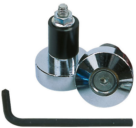 Two chrome Barend Weights with a black rubber grip and hexagonal screw, accompanied by an L-shaped hex key for installation.