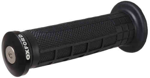 Black aluminium motorcycle bar ends with textured grip surface and a prominent Oxford logo, designed for enhanced control and stability.