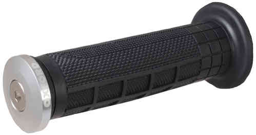Silver aluminium motorcycle bar ends with a textured black rubber grip, featuring a hexagonal pattern and a prominent Oxford logo on the end cap.