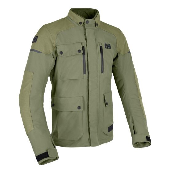 Khaki Oxford Barkston Dry2Dry motorcycle jacket in 3XL, featuring multiple front pockets, a high collar, and contrasting material panels for durability and style.