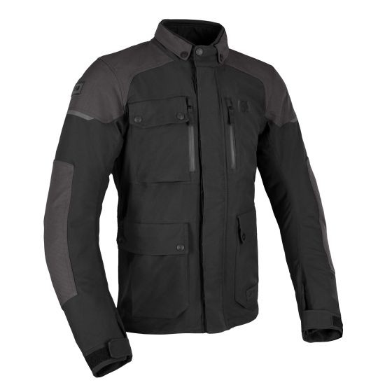 Black motorcycle jacket with gray accents, featuring multiple pockets, a zippered front, adjustable cuffs, and a durable, weather-resistant material, designed for 5XL size.