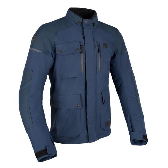 Navy blue Oxford Barkston Dry2Dry motorcycle jacket in size XL, featuring multiple pockets, a high collar, and adjustable cuffs, designed for durability and weather resistance.