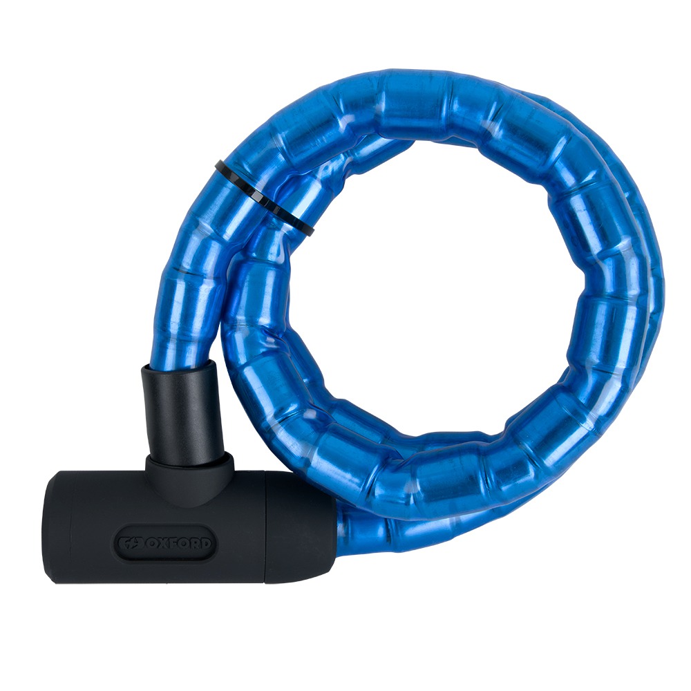 Blue, flexible cable lock with a black, cylindrical lock head, featuring a textured grip and a protective cover for added durability.