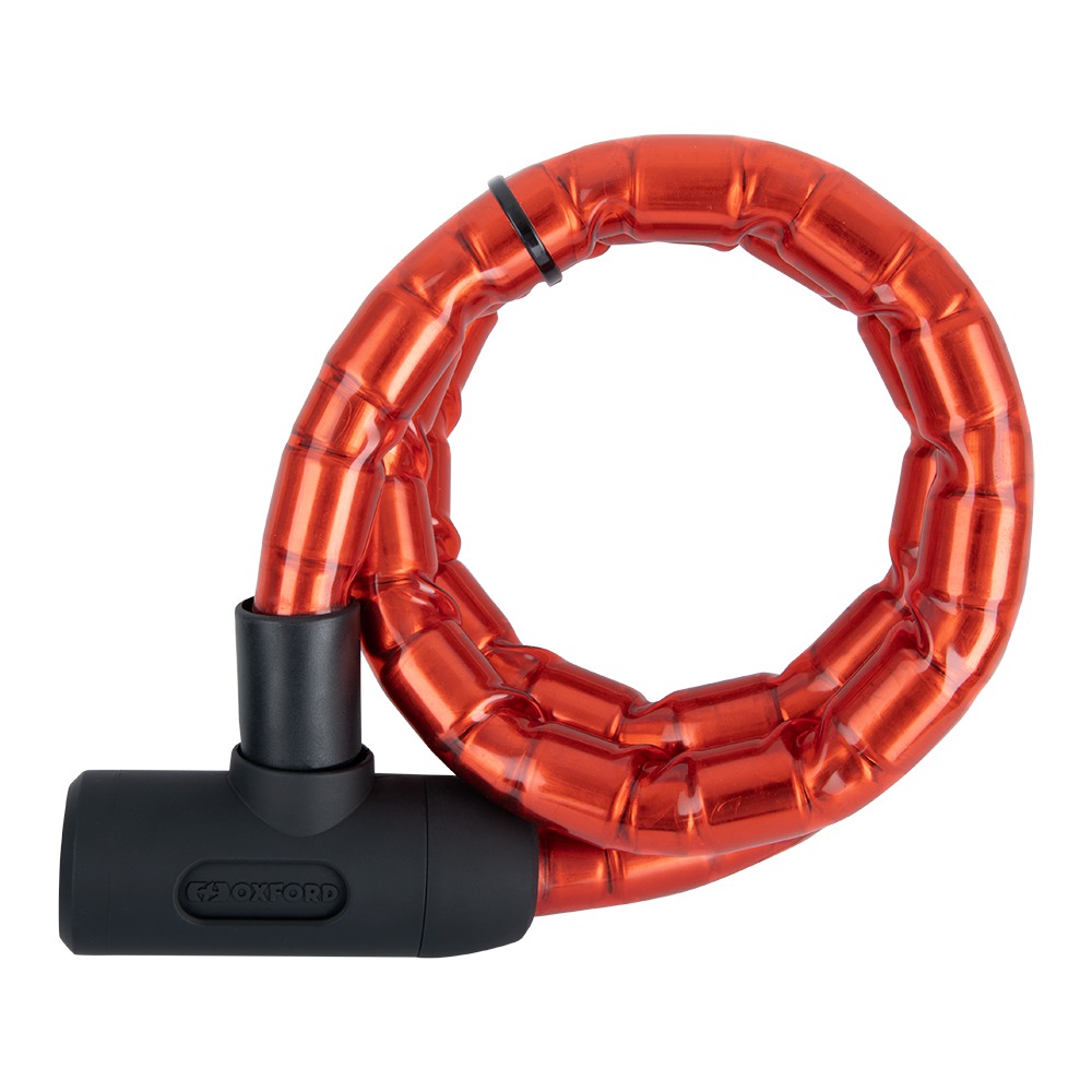 Bright orange cable lock with a flexible, braided design and a sturdy black locking mechanism, featuring a compact, rounded end for secure fastening.