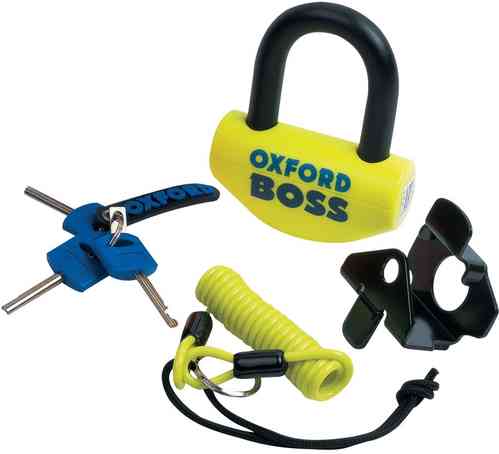 Bright yellow Oxford Boss brake disk lock with a black shackle, includes a blue key, a coiled security cable, and a mounting bracket for easy storage.
