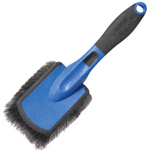 Blue and black wash brush with a wide, soft bristle head and a textured handle, designed for easy grip and effective cleaning.