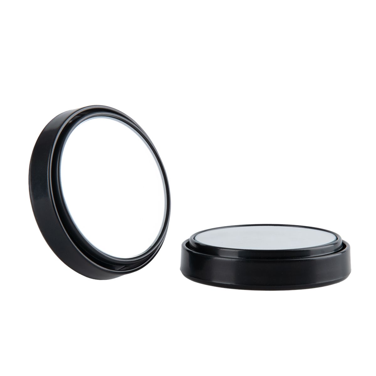Black circular motorcycle mirrors with a glossy finish, designed to reduce blind spots, featuring a sturdy base for easy mounting.