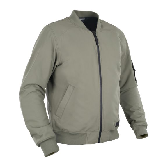 Khaki Oxford Bomber Dry2Dry Motorcycle Jacket in size L, featuring a smooth exterior, ribbed cuffs, and a front zipper with side pockets.