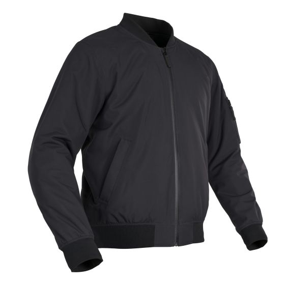 Black Oxford Bomber textile jacket, waterproof, featuring a front zipper, side pockets, and ribbed cuffs, shown in size small.