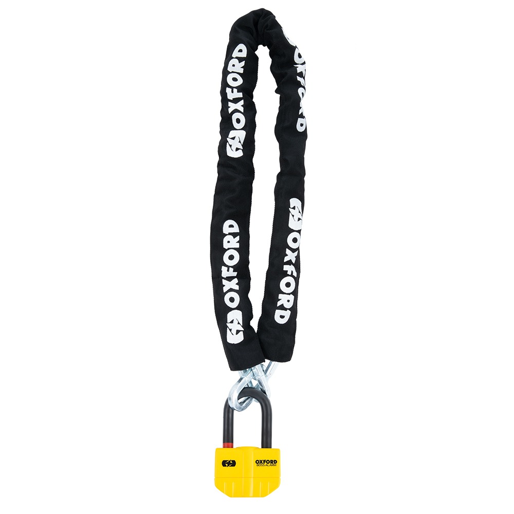 Black chain lock with a 14mm thick chain, featuring a yellow alarm padlock, branded with the Oxford logo in white along the chain.