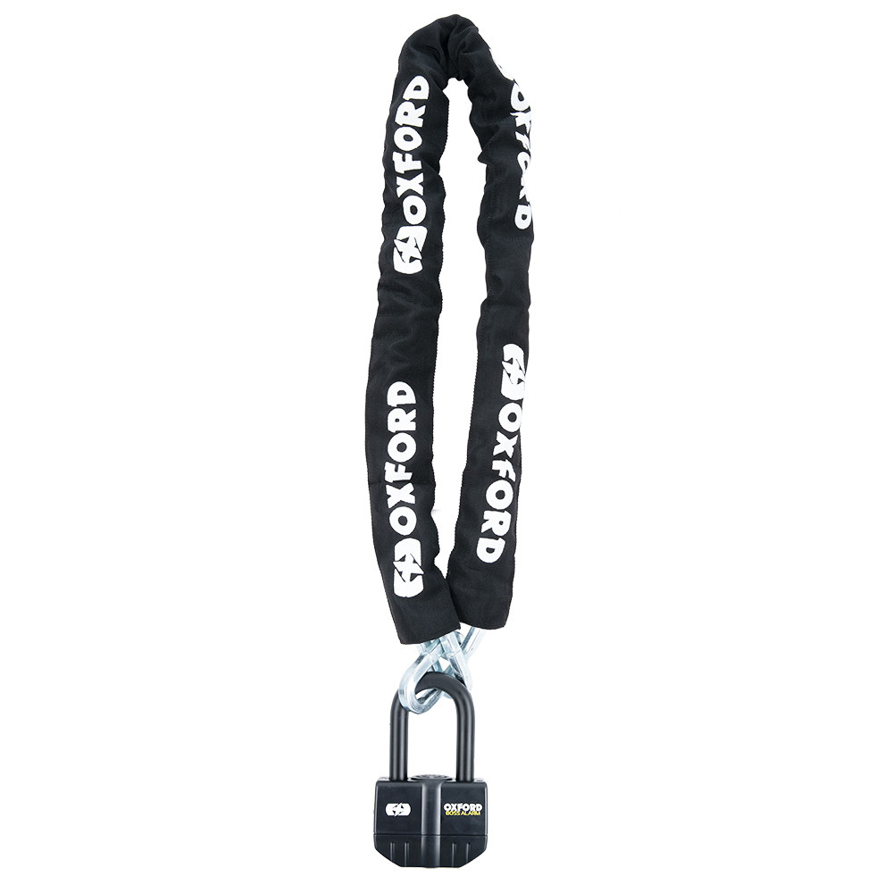 Black chain lock with a 16 mm padlock and 12 mm thick chain, featuring the Oxford logo prominently displayed along the chain.