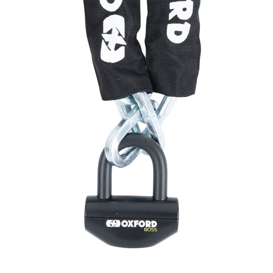 Black chain lock with a sturdy metal padlock, featuring a thick, woven chain and the "Oxford Boss" logo prominently displayed on the padlock.