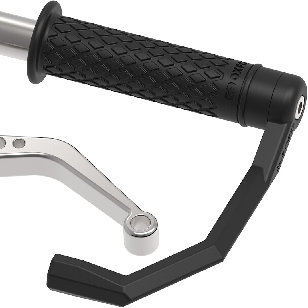 Black rubber grip with a diamond pattern, attached to a silver metal lever, featuring a rounded end and a circular hole for mounting, designed for bicycle handlebars.