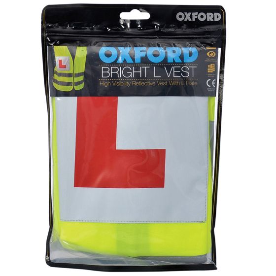 Bright yellow reflective vest in XL/XXL size, featuring a prominent red "L" plate, packaged in a clear plastic wrapper with the Oxford logo.