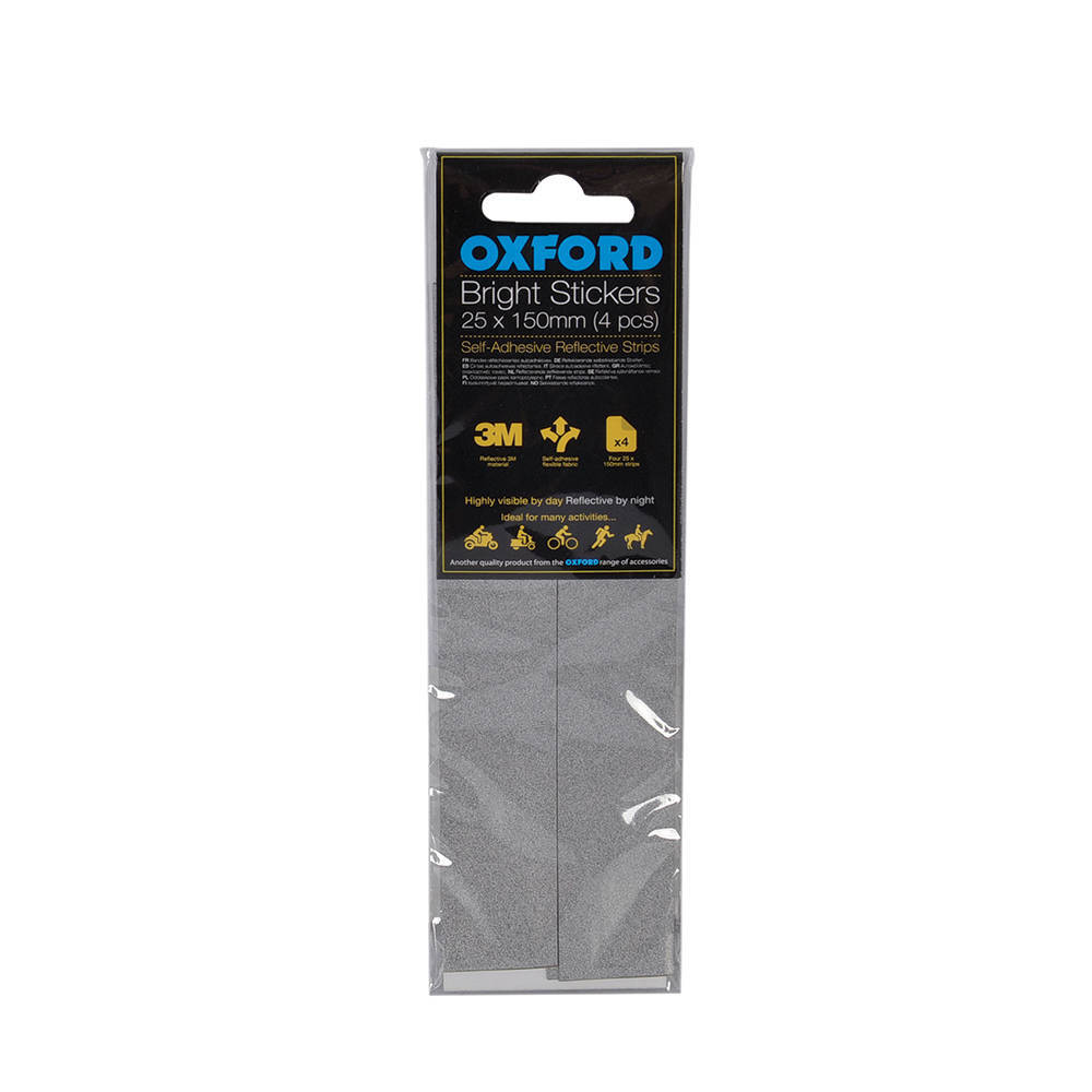 Four self-adhesive silver reflective stickers packaged in a clear plastic sleeve, each measuring 25 x 150mm, labeled with "Oxford" and featuring a 3M logo.