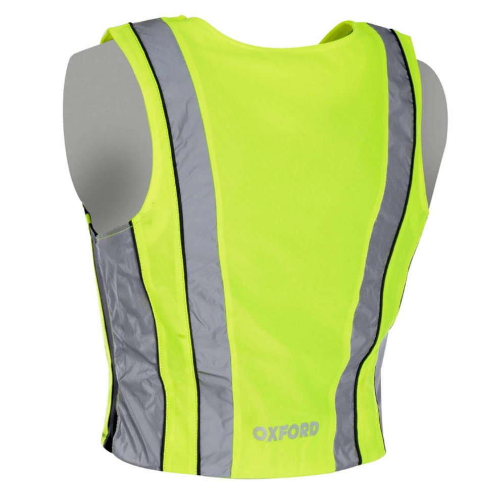 Bright yellow sleeveless vest with reflective silver stripes, designed for visibility and safety, featuring a lightweight, breathable material ideal for active use.