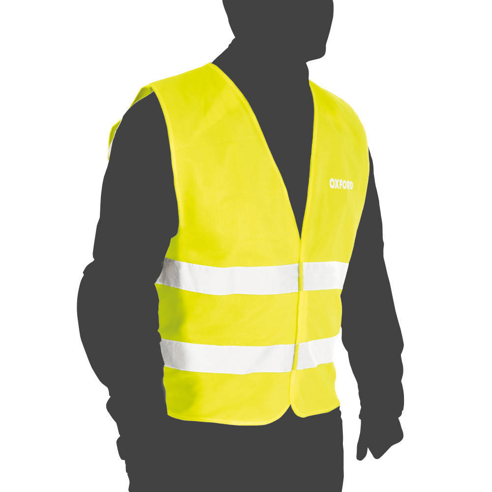 Bright yellow Oxford vest with reflective white stripes, made from lightweight material, designed for visibility, available in size L/XL for men.