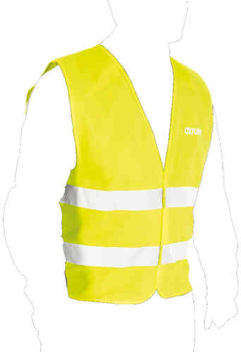 Bright yellow packaway vest for men, featuring reflective white stripes for visibility, made from lightweight material, available in sizes S and M.