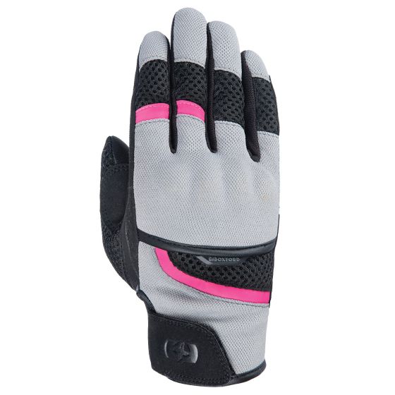 Charcoal and pink short motorcycle gloves for ladies, featuring breathable mesh material, padded knuckles, and a secure wrist strap for comfort and protection.