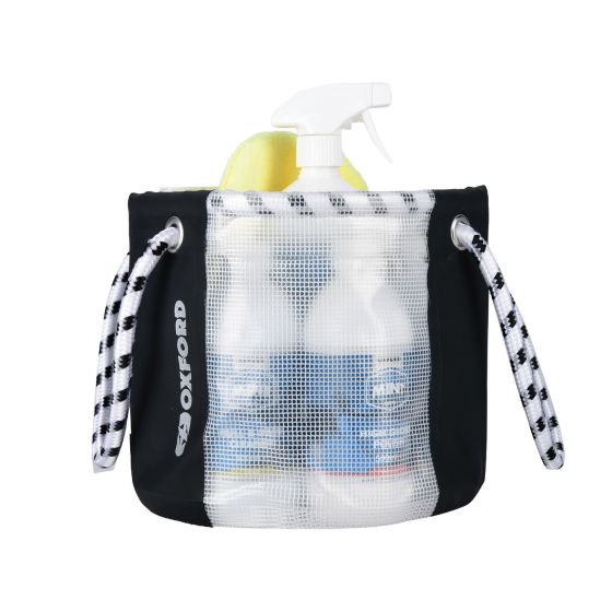 Clear Oxford bucket bag featuring a mesh design, black fabric trim, and white drawstring handles, with cleaning supplies visible inside.