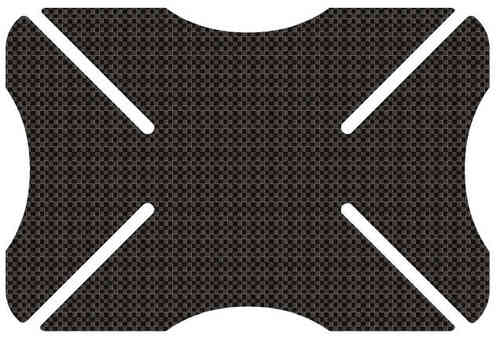 Black carbon fiber bumper protector with a textured surface and cut-out sections for ventilation, designed to fit snugly on motorcycle helmets.