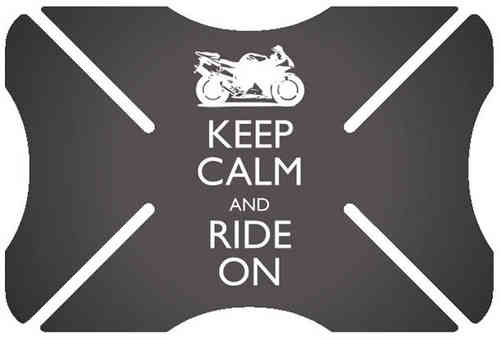 Black bumper protector with a motorcycle graphic and the text "KEEP CALM AND RIDE ON" in white, featuring a durable rubber material and a sleek design for added protection.