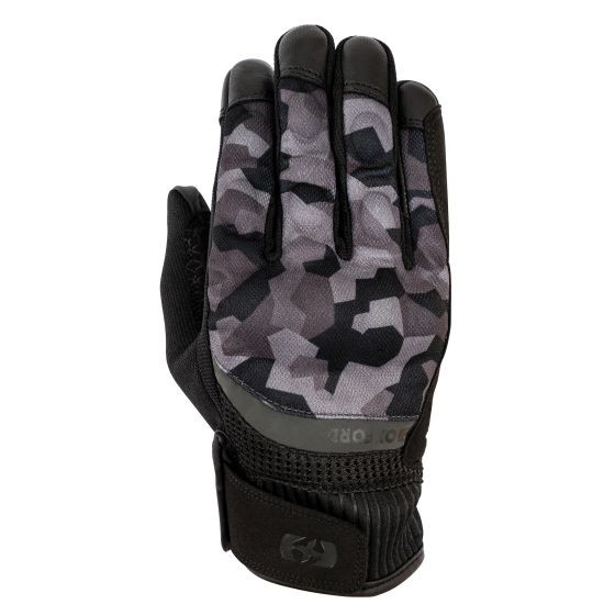 Grey camo motorcycle gloves with black leather accents, featuring a textured grip, adjustable wrist strap, and breathable fabric for comfort and protection.