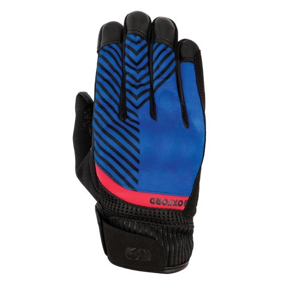 Blue and red Oxford Byron motorcycle gloves in size XL, featuring a textured grip, black accents, and a breathable material with a zigzag pattern on the back.
