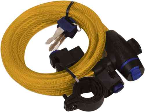 Yellow cable lock with a black and blue locking mechanism, featuring a coiled design and two keys, ideal for securing bicycles or outdoor equipment.