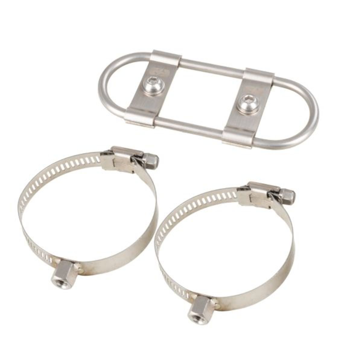 Stainless steel exhaust heat shield with two adjustable clamps, designed for café racer motorcycles, featuring a sleek, durable finish and secure mounting hardware.