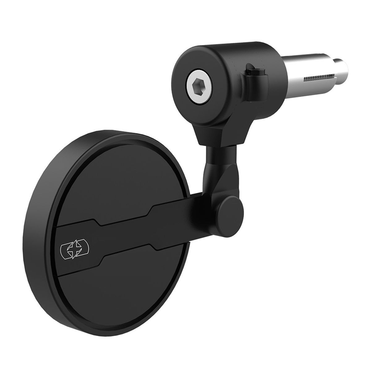 Round black mirror with a sleek design, featuring a sturdy adjustable arm and a chrome mounting post, ideal for motorcycles or bikes.
