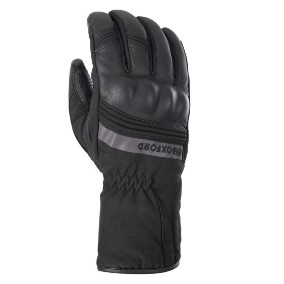 Black Oxford Calgary 2.0 motorcycle gloves in size 3XL, featuring a padded knuckle area, textured palm for grip, and a sleek design with a reflective strip.