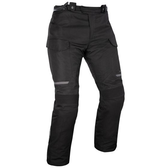 Black motorcycle trousers made from durable material, featuring reflective strips, multiple pockets, and a comfortable fit, designed for 4XL size with Dry2Dry technology.
