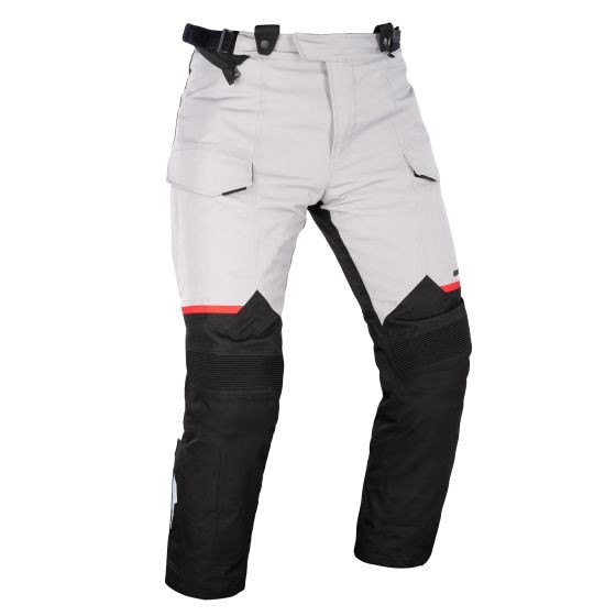 Light grey and black waterproof textile pants with adjustable waist, cargo pockets, and red accents, designed for durability and comfort, size XL.