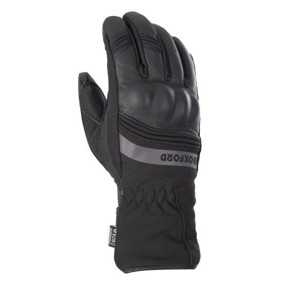 Black leather and textile motorcycle gloves for ladies, featuring a padded design, reinforced knuckles, and a stylish Oxford logo on the wrist.