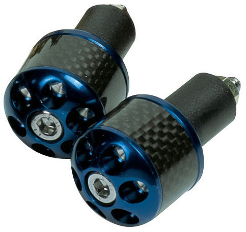 Blue aluminium motorcycle carb ends with a carbon fiber finish, featuring six circular holes and a central screw for secure attachment.