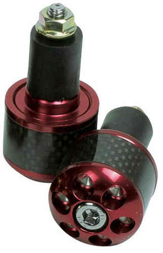 Red aluminium motorcycle carb ends with a sleek design, featuring a black rubber grip and a polished finish, showcasing six holes for secure attachment.
