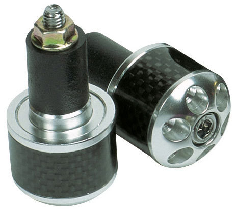 Silver Oxford Aluminium Motorcycle Carb Ends feature a sleek design with a black rubber grip and a polished silver finish, showcasing a circular pattern and a central screw for attachment.