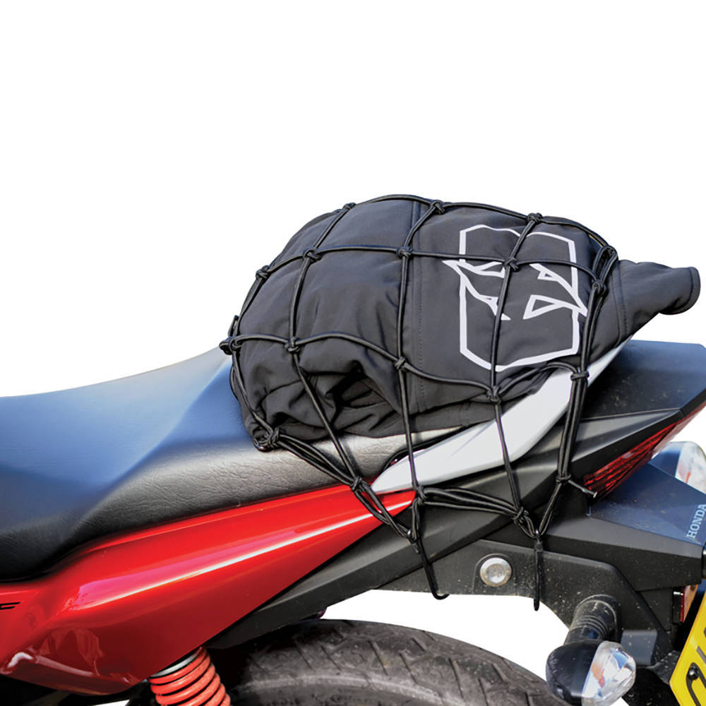 Black Oxford Travel cargo net measuring 30x30 cm, made of elastic material, securely holding a bag on a motorcycle seat with a logo visible on the net.