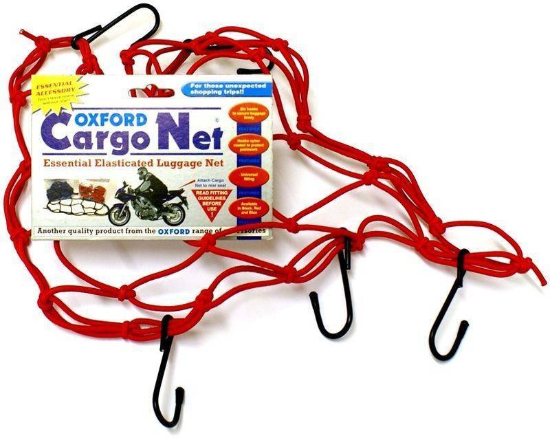 Red elasticated cargo net by Oxford, measuring 30x30 cm, featuring multiple hooks for securing luggage and a label showcasing its essential travel accessory status.
