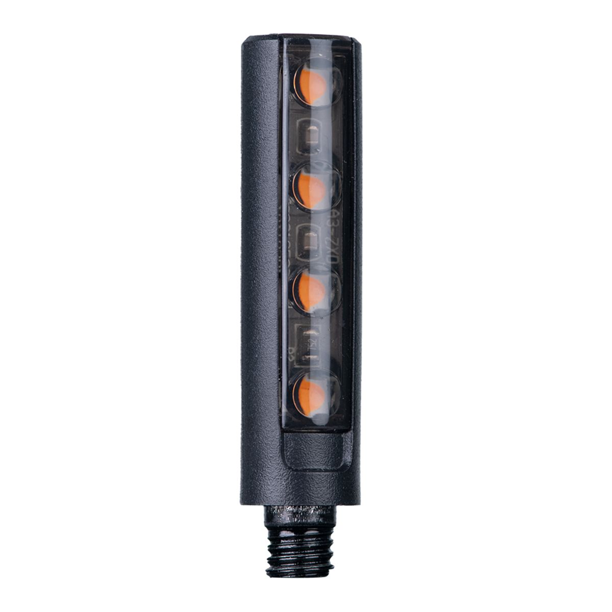 Black plastic motorcycle indicator with four orange LED lights, featuring a sleek, elongated design and threaded base for easy installation.
