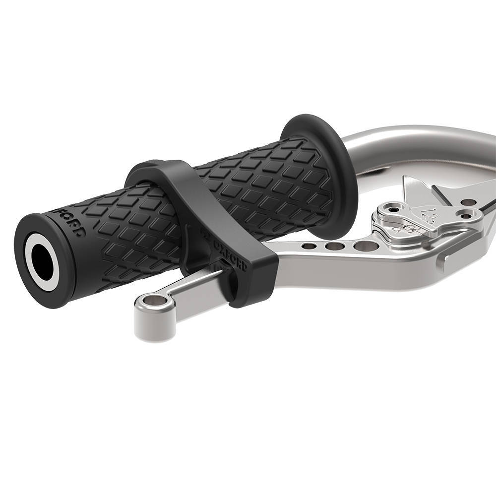 Black Oxford clamp-on brake lever clip securely attaches to a silver brake lever, featuring a textured rubber grip for enhanced control and stability.