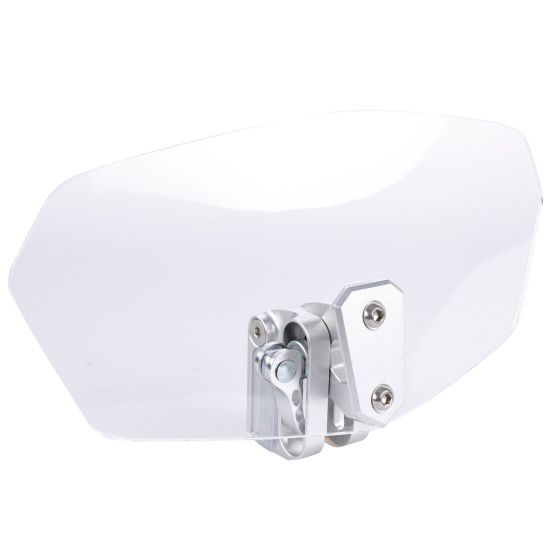 Clear, durable windshield clip-on for motorcycles, measuring 260 x 125mm, featuring a sleek design with a metal mounting bracket for easy attachment.