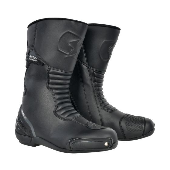 Black Oxford Code 1.0 Dry2Dry motorcycle boots in size 46 (UK 12) feature a sleek design, durable leather material, reinforced toe, and textured grip on the sole.