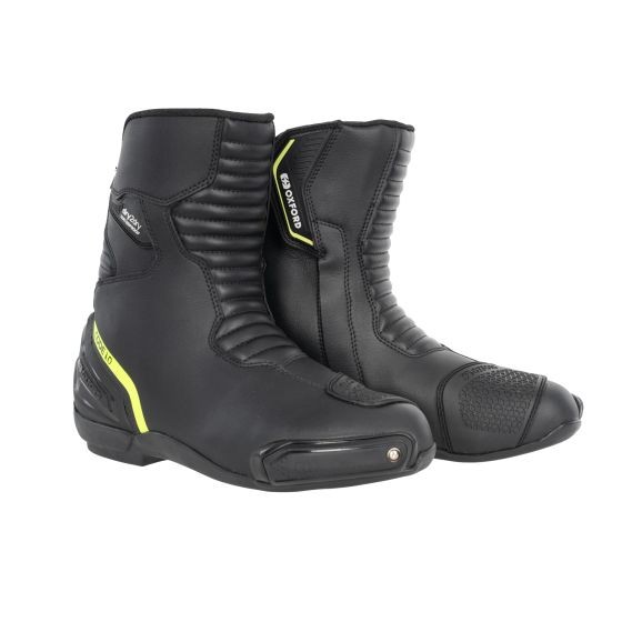 Black and fluo yellow Oxford Code 1.0 Mid Dry2Dry motorcycle boots, featuring a textured upper, reinforced toe, and padded ankle for comfort and protection, size 46 (UK 12).
